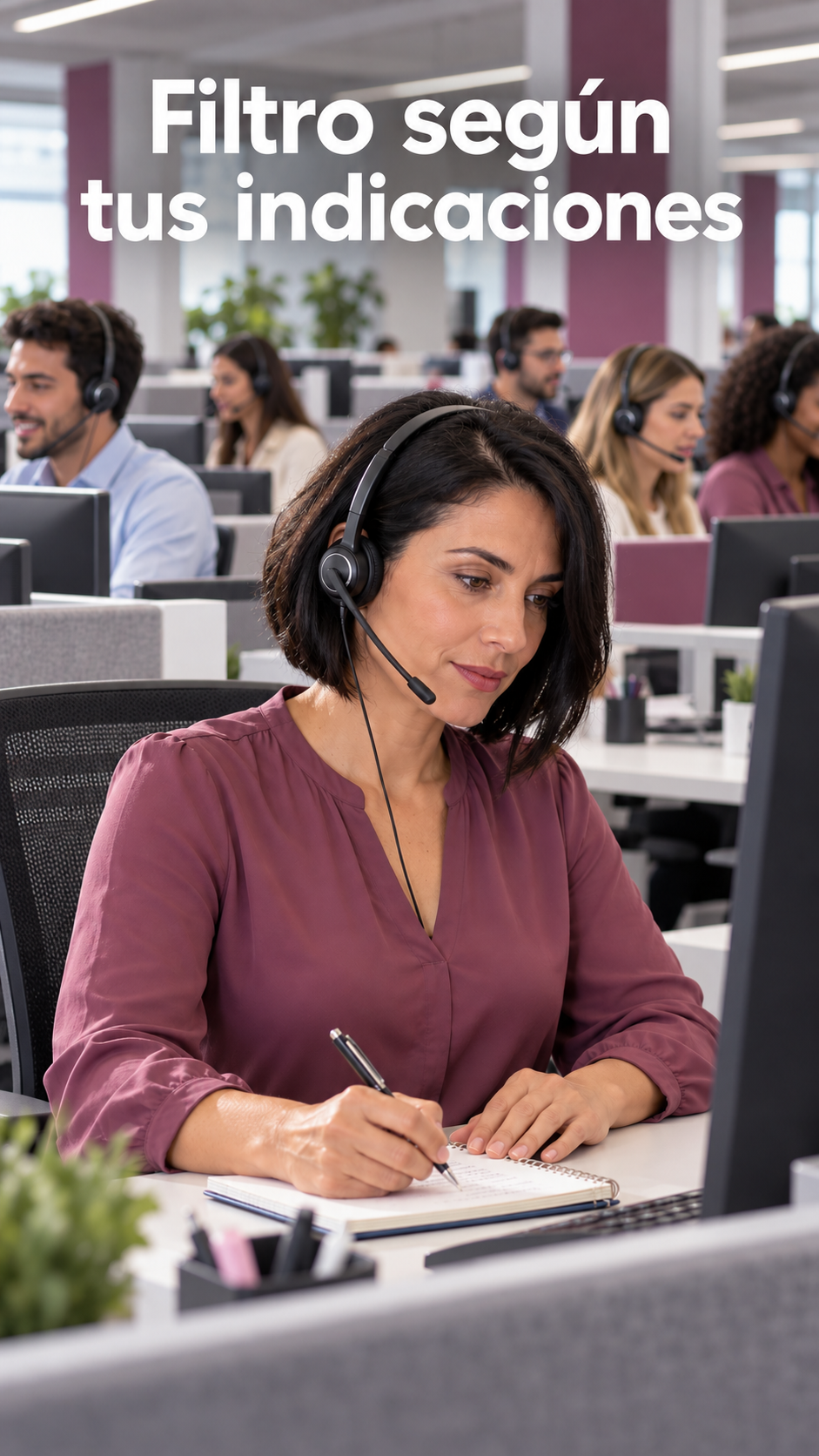 Operadora en el call center registrando solicitudes con sus compañeros al fondo
